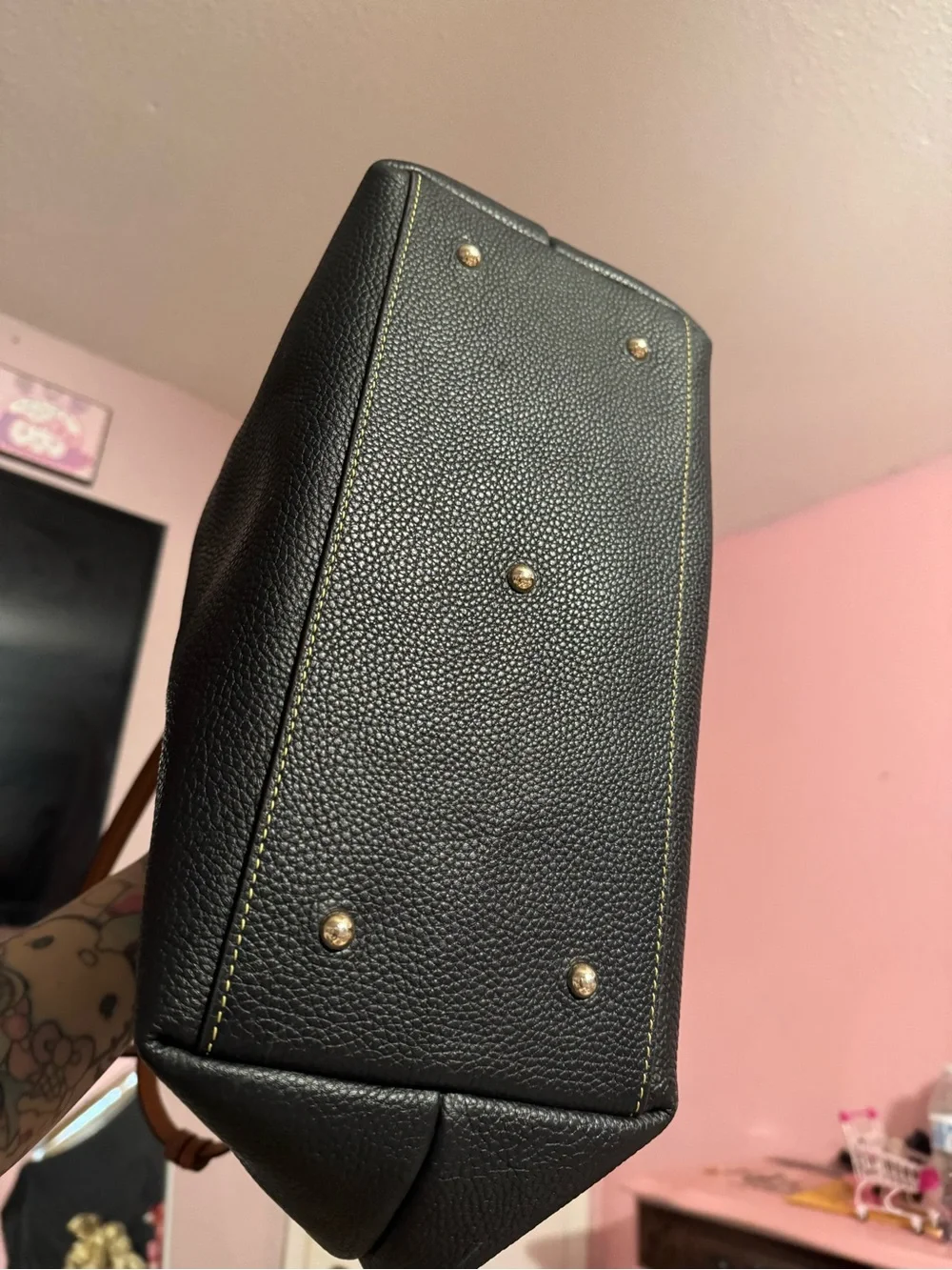 Dooney & Bourke Black Leather Tote with Brown Straps